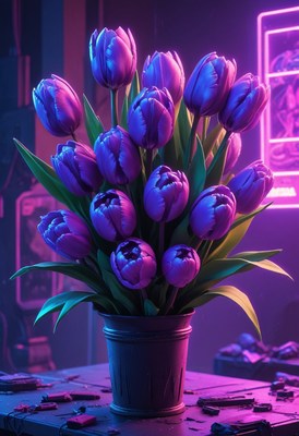 Purple tulips in neon light