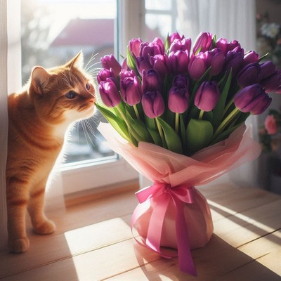 Orange cat sniffing purple tulips
