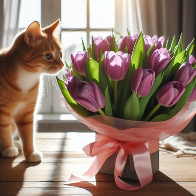 Cat sniffing purple tulips