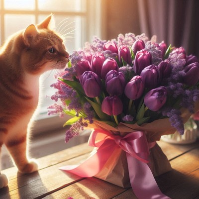 Orange cat sniffing purple tulips
