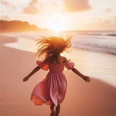Woman running on beach at sunset