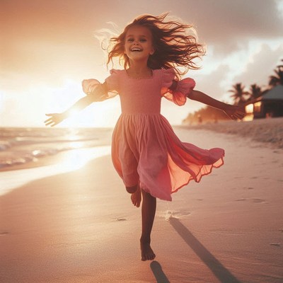 Girl running on beach at sunset