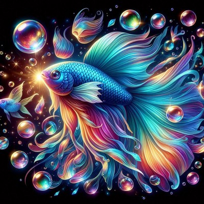 Colorful betta fish surrounded by bubbles