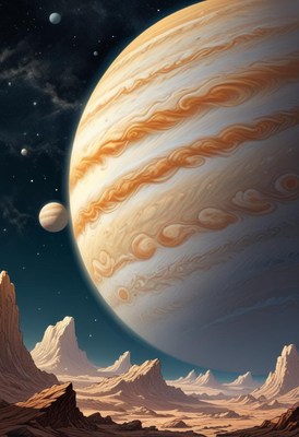 Jupiter over a desert landscape