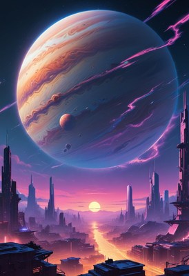 Futuristic cityscape with giant planet