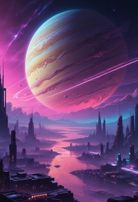 Futuristic city under pink sky