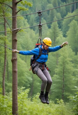 Woman ziplining through forest canopy