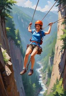 Woman ziplining over mountain gorge