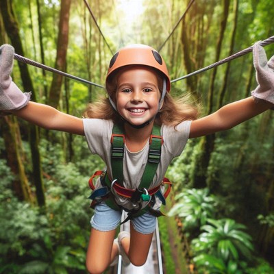 Girl ziplining through forest canopy