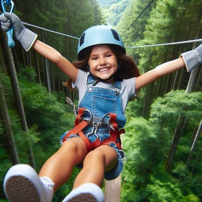 Girl ziplining through forest canopy