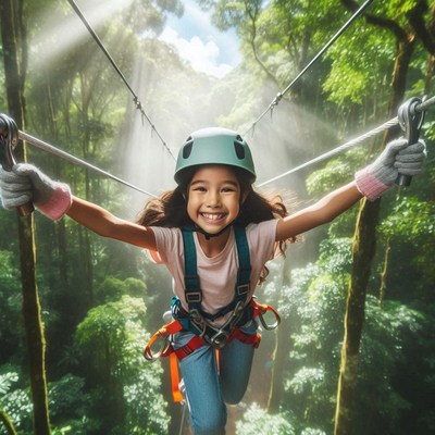 Girl ziplining through jungle canopy