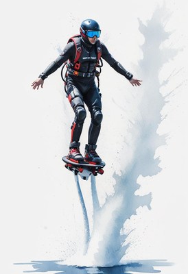 Man flying above water on jetpack