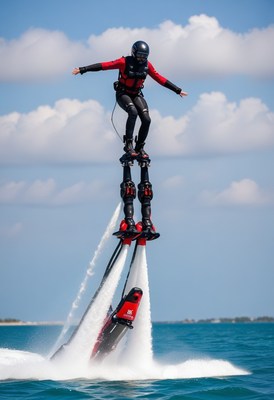 Jetpack flying over ocean water