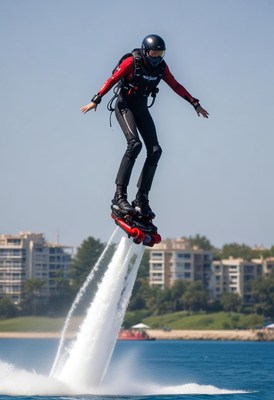 Person flyboarding over water