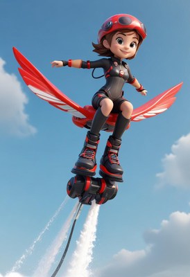 Girl flying on red jetpack