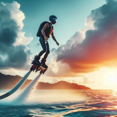 Man flyboarding at sunset