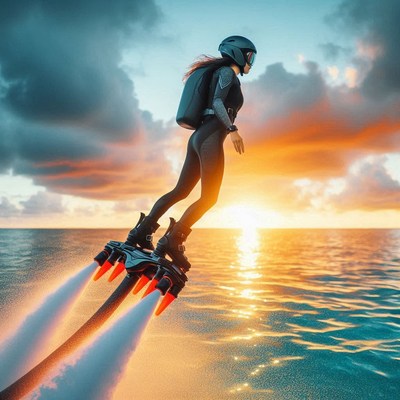 Woman flyboarding at sunset