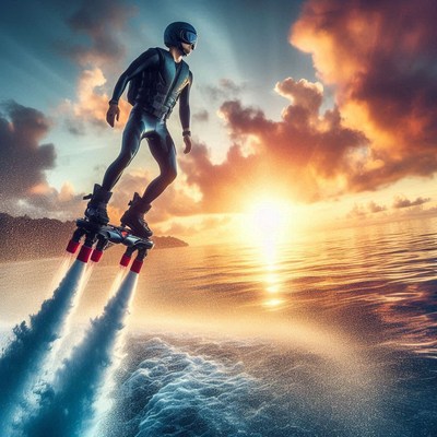 Man flying on jetpack at sunset