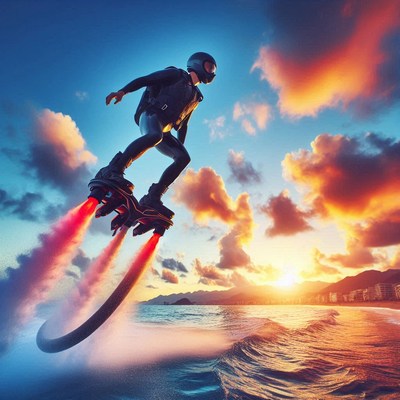 Man flying jetpack over ocean at sunset