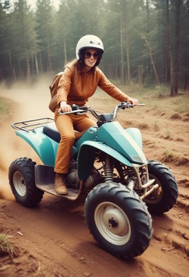 Woman riding atv in forest