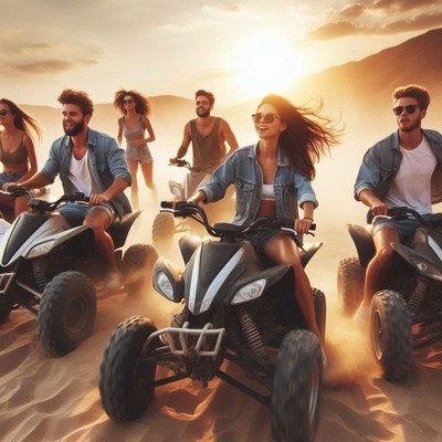 Friends riding atvs in desert at sunset