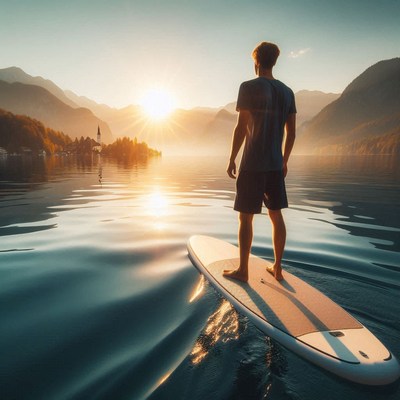 Man paddleboarding at sunrise in slovenia