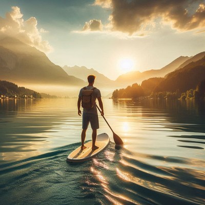 Man paddleboarding at sunset in mountains