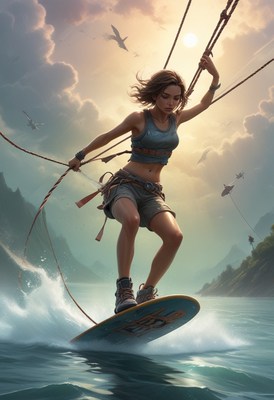 Woman wakeboarding at sunset