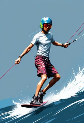 Kitesurfer riding wave