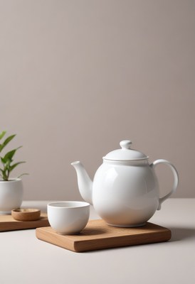 White teapot and cup on wooden tray