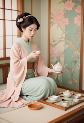 Woman in kimono enjoying tea ceremony
