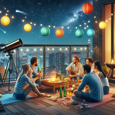 Rooftop gathering under lanterns