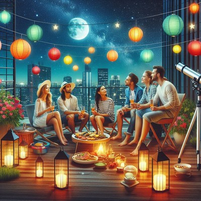 Rooftop friends gathering under moonlit sky