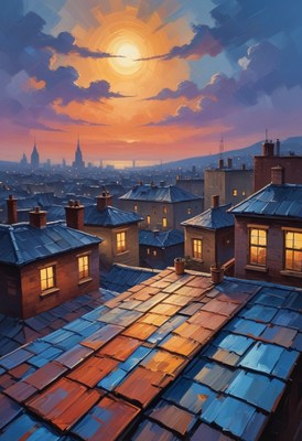 Cityscape sunset over roofs
