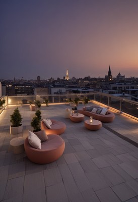 Rooftop lounge with city view at dusk