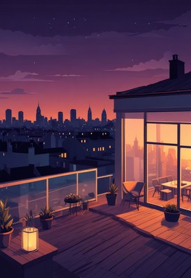City rooftop patio at dusk