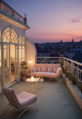 Rooftop terrace with city view at dusk