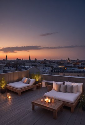 Rooftop terrace with city skyline at sunset