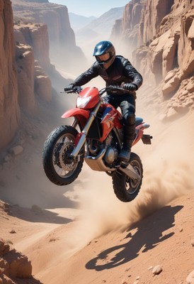 Motorcycle jumping canyon