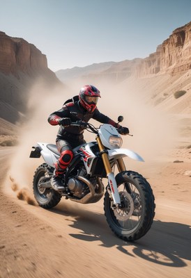 Motorcycle rider in desert canyon