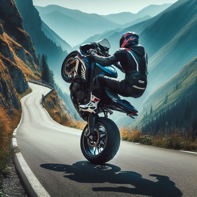 Motorcycle wheelie on mountain road