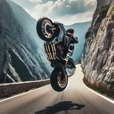 Motorcycle wheelie on mountain road