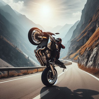 Motorcycle wheelie on mountain road