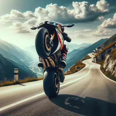 Motorcycle wheelie on mountain road