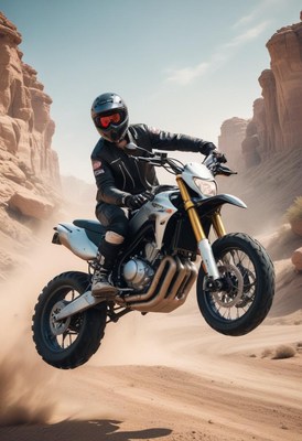 Motorcycle rider jumps in desert landscape