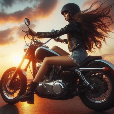 Woman riding motorcycle at sunset