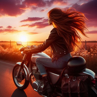 Woman riding motorcycle at sunset
