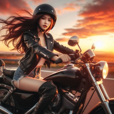 Woman riding motorcycle at sunset