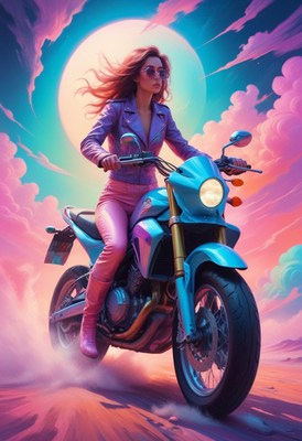 Woman riding motorcycle under full moon
