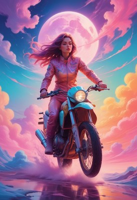 Woman riding motorcycle under pink moon